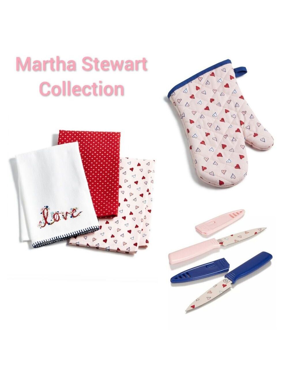 VALENTINE SET HAND TOWELS, OVEN MITT, & PARING KNIVES MARTHA STEWART COLLECTION